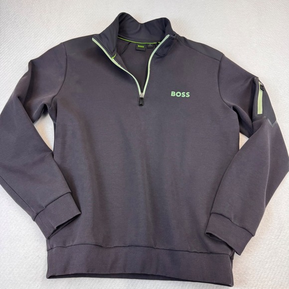 Boss Other - BOSS Men Sweatshirt Quarter Zip Pullover Charcoal Green Logo Athleisure Size L